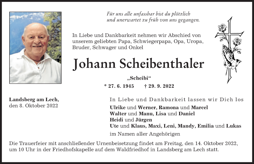 Traueranzeige von Johann Scheibenthaler von Landsberger Tagblatt