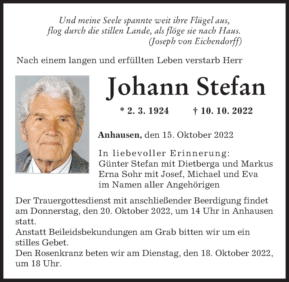 Traueranzeige von Johann Stefan von Augsburger Allgemeine