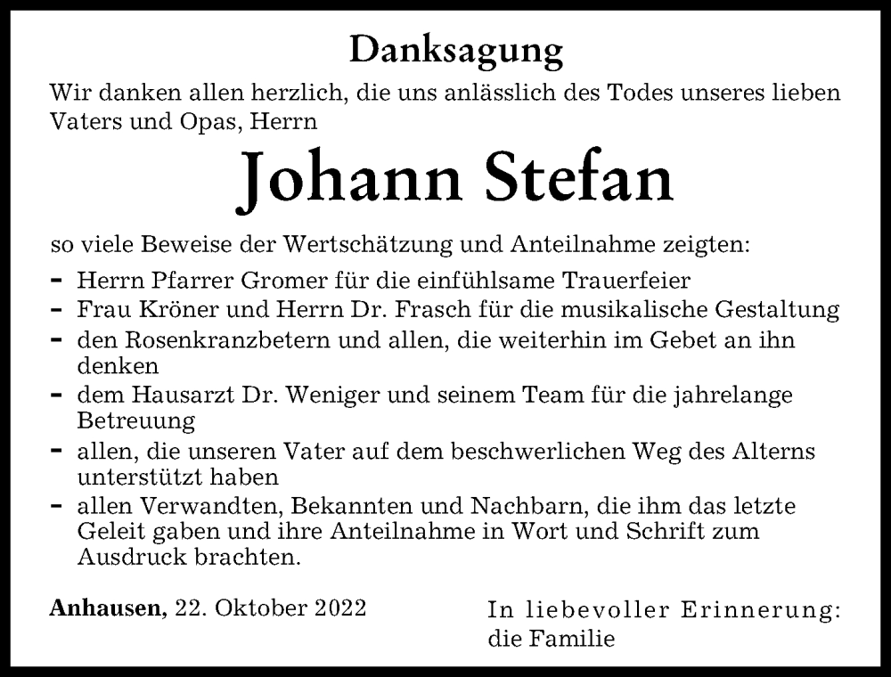 Traueranzeige von Johann Stefan von Augsburger Allgemeine