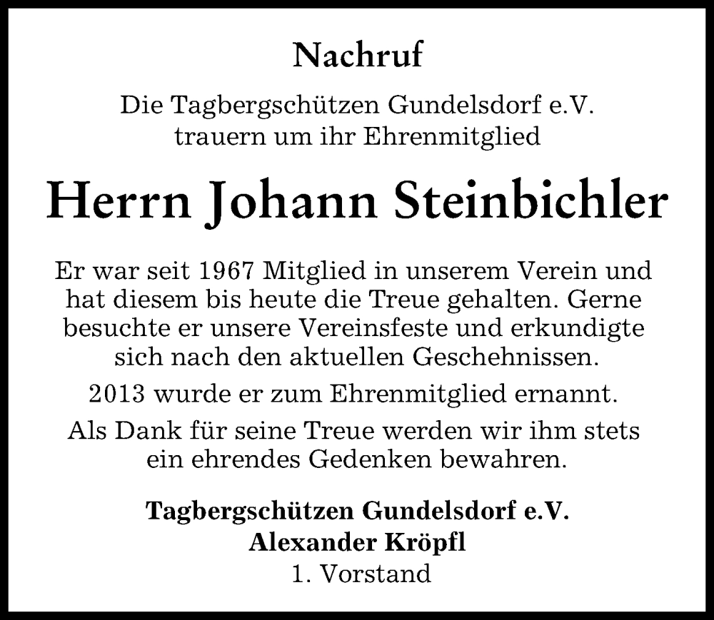 Traueranzeige von Johann Steinbichler von Aichacher Nachrichten