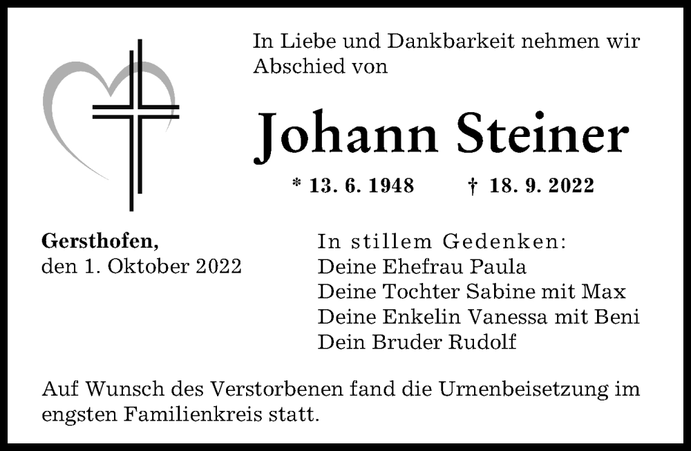 Traueranzeige von Johann Steiner von Augsburger Allgemeine