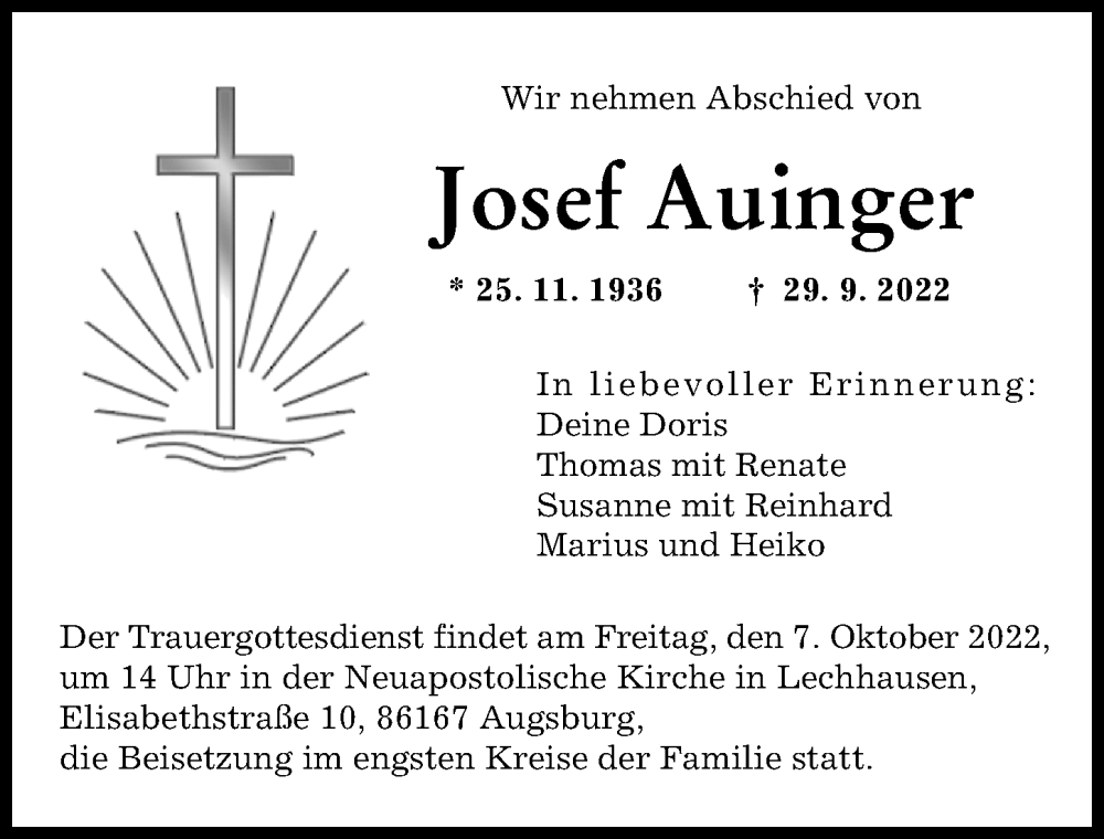  Traueranzeige für Josef Auinger vom 01.10.2022 aus Augsburger Allgemeine