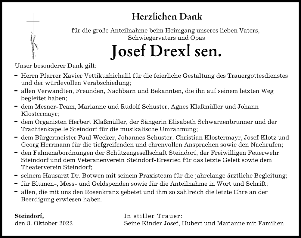  Traueranzeige für Josef Drexl vom 08.10.2022 aus Friedberger Allgemeine, Landsberger Tagblatt