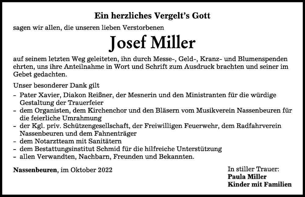  Traueranzeige für Josef Miller vom 11.10.2022 aus Mindelheimer Zeitung