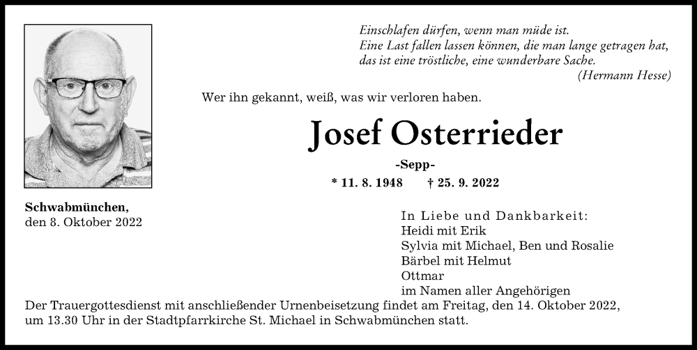 Traueranzeige von Josef Osterrieder von Augsburger Allgemeine