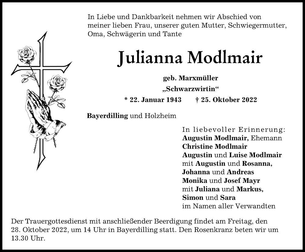 Traueranzeige von Julianna Modlmair von Neuburger Rundschau, Donauwörther Zeitung