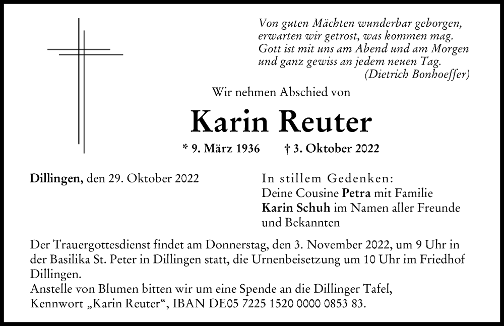 Traueranzeige von Karin Reuter von Donau Zeitung