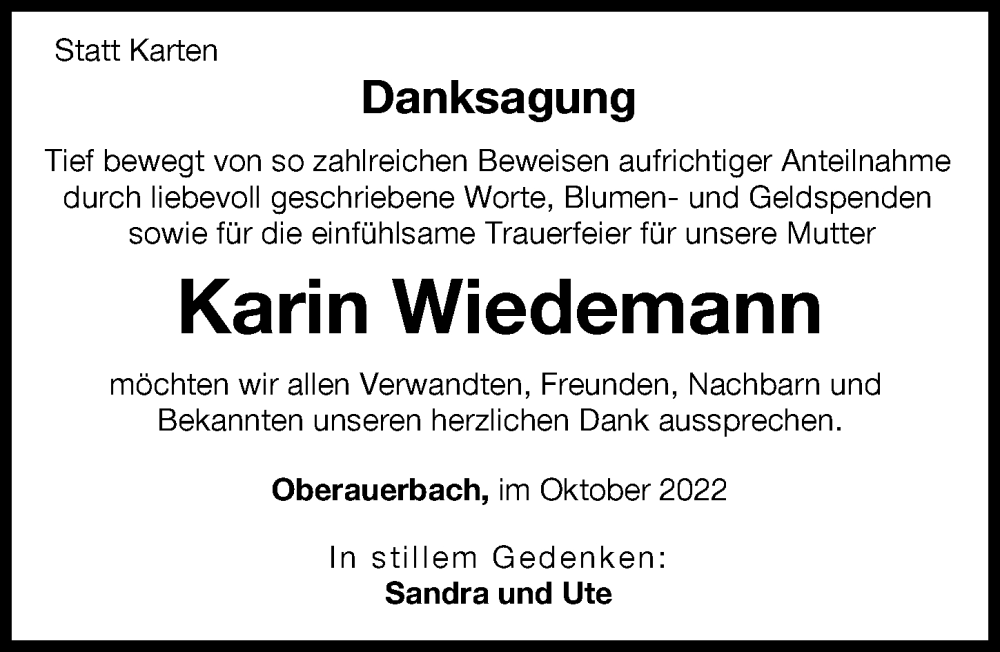 Traueranzeigen Von Karin Wiedemann Augsburger Allgemeine Zeitung