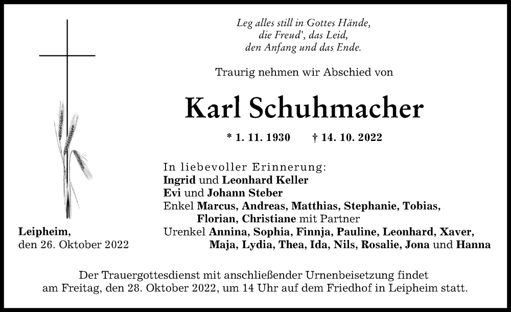 Traueranzeige von Karl Schuhmacher von Günzburger Zeitung