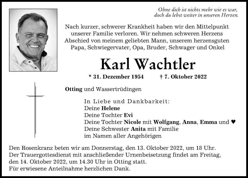  Traueranzeige für Karl Wachtler vom 12.10.2022 aus Donauwörther Zeitung