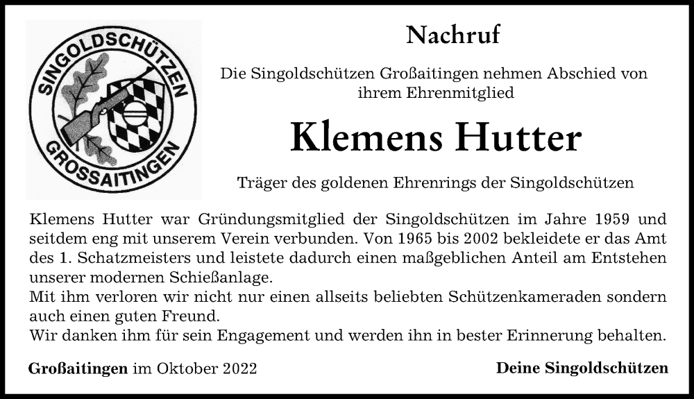 Traueranzeige für Klemens Hutter vom 15.10.2022 aus Schwabmünchner Allgemeine