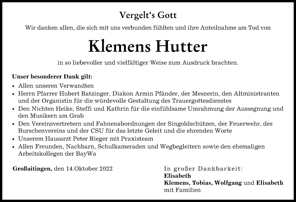  Traueranzeige für Klemens Hutter vom 14.10.2022 aus Schwabmünchner Allgemeine