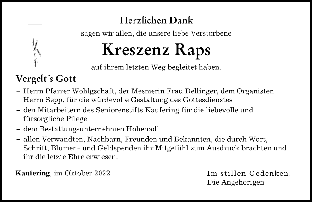  Traueranzeige für Kreszenz Raps vom 08.10.2022 aus Landsberger Tagblatt