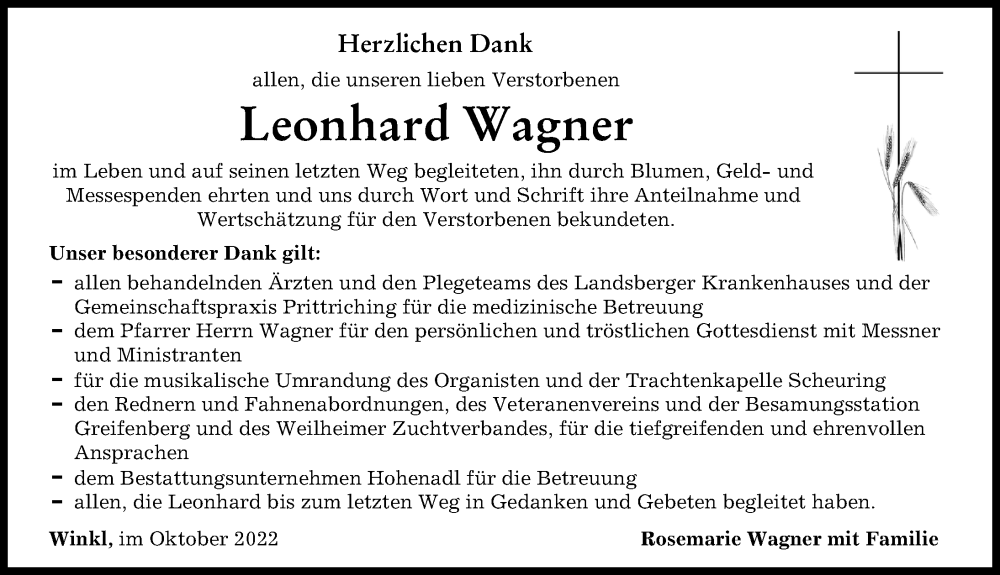 Traueranzeige von Leonhard Wagner von Landsberger Tagblatt