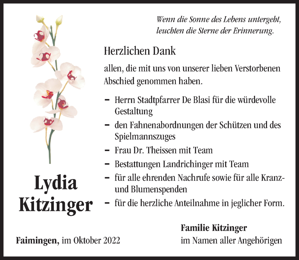  Traueranzeige für Lydia Kitzinger vom 29.10.2022 aus Donau Zeitung