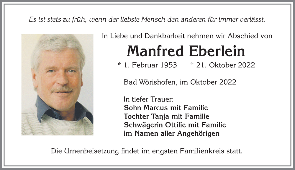  Traueranzeige für Manfred Eberlein vom 31.10.2022 aus Mindelheimer Zeitung