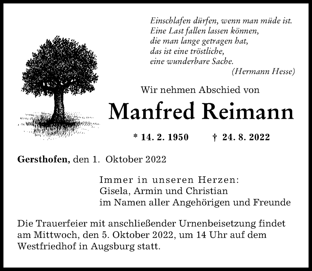 Traueranzeige von Manfred Reimann von Augsburger Allgemeine