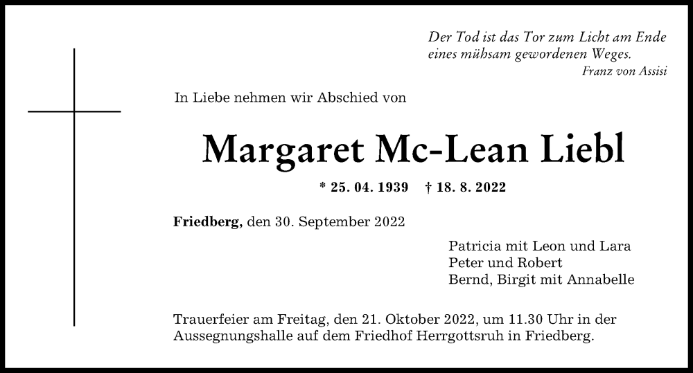 Traueranzeige von Margaret Mc-Lean Liebl von Augsburger Allgemeine, Friedberger Allgemeine