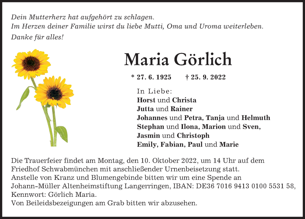 Traueranzeige von Maria Görlich von Schwabmünchner Allgemeine