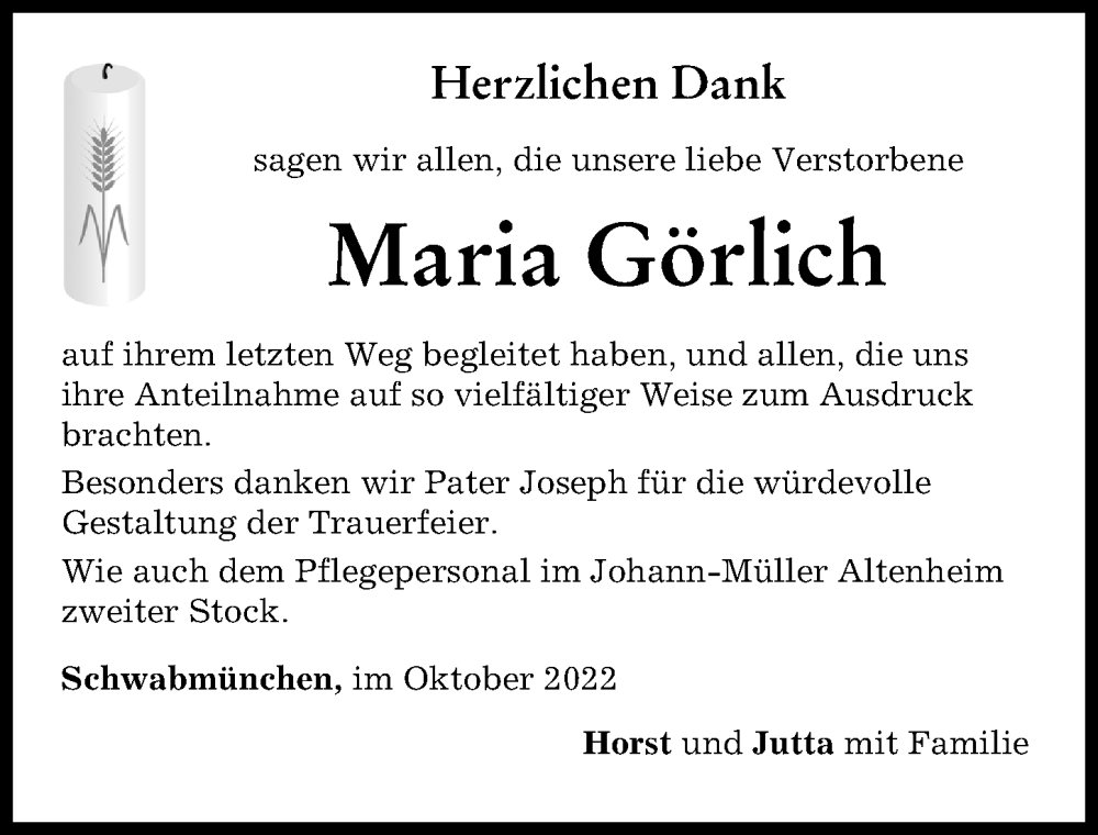 Traueranzeige von Maria Görlich von Schwabmünchner Allgemeine