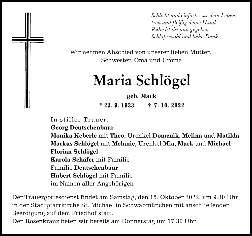 Traueranzeige von Maria Schlögel von Schwabmünchner Allgemeine