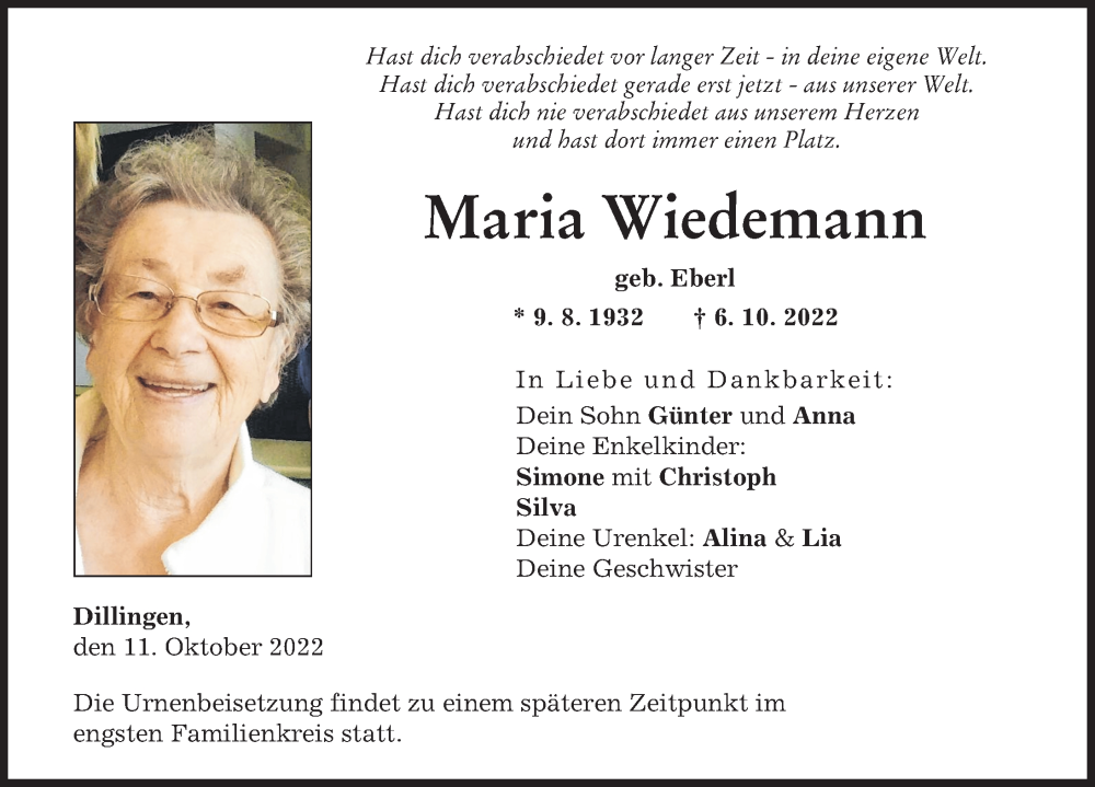 Traueranzeigen Von Maria Wiedemann Augsburger Allgemeine Zeitung