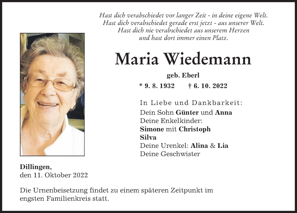 Traueranzeige von Maria Wiedemann von Donau Zeitung