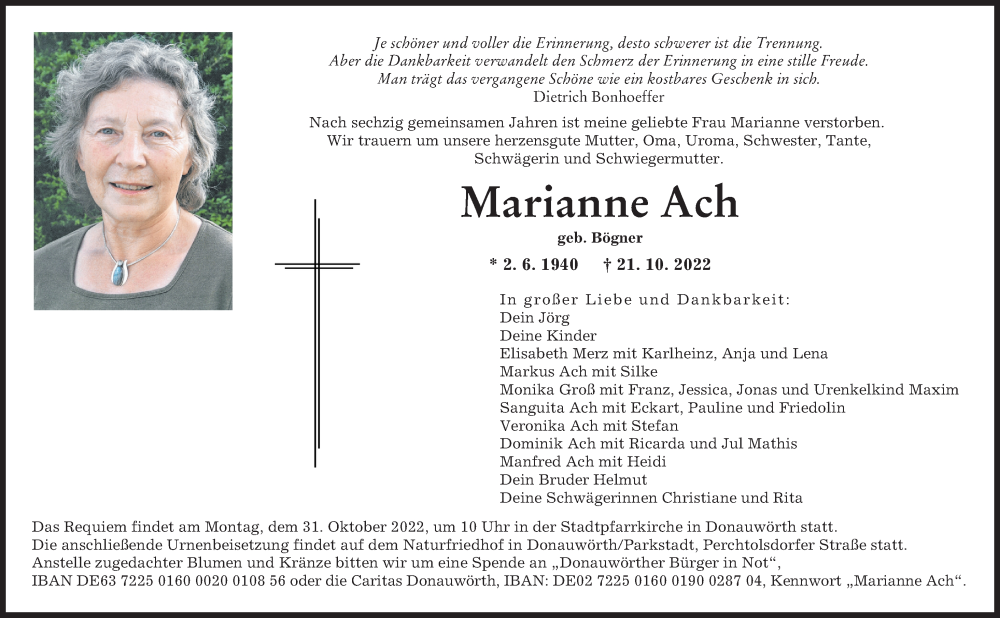 Traueranzeige von Marianne Ach von Donauwörther Zeitung