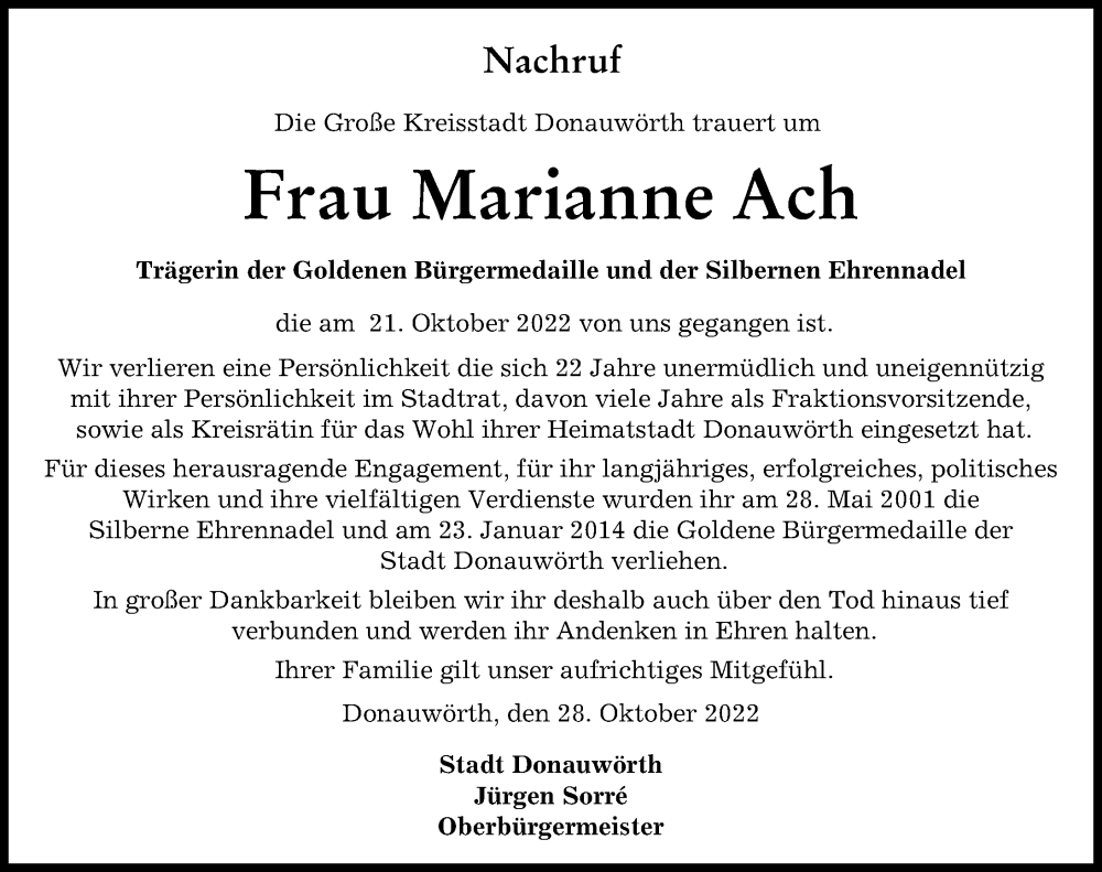  Traueranzeige für Marianne Ach vom 28.10.2022 aus Donauwörther Zeitung