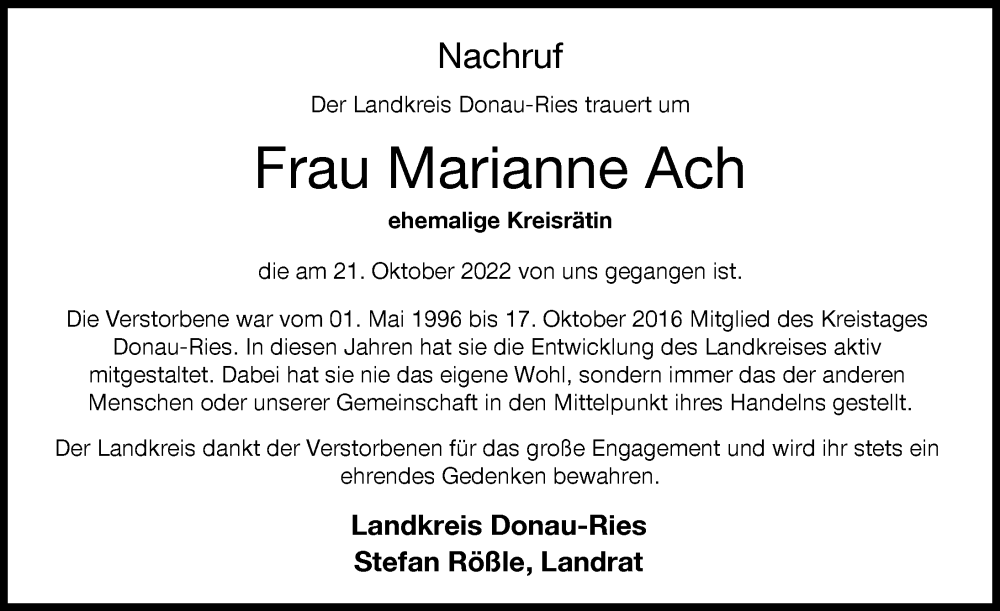  Traueranzeige für Marianne Ach vom 28.10.2022 aus Rieser Nachrichten, Donauwörther Zeitung