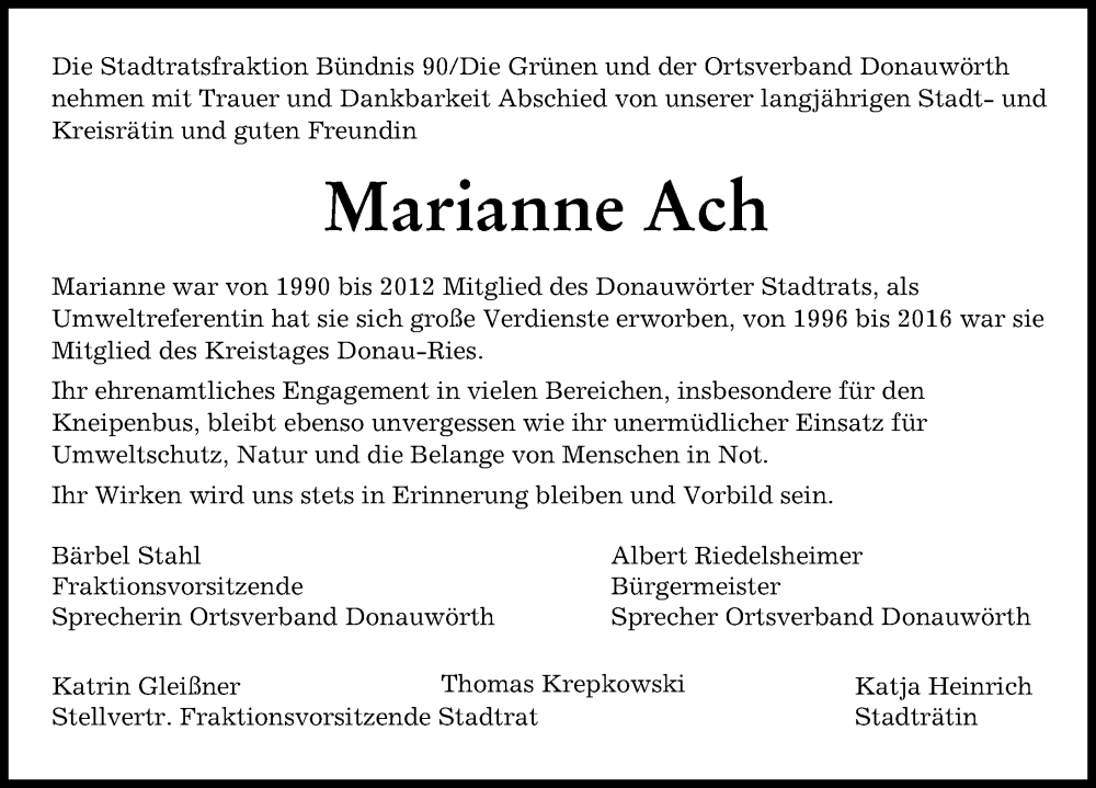  Traueranzeige für Marianne Ach vom 28.10.2022 aus Donauwörther Zeitung