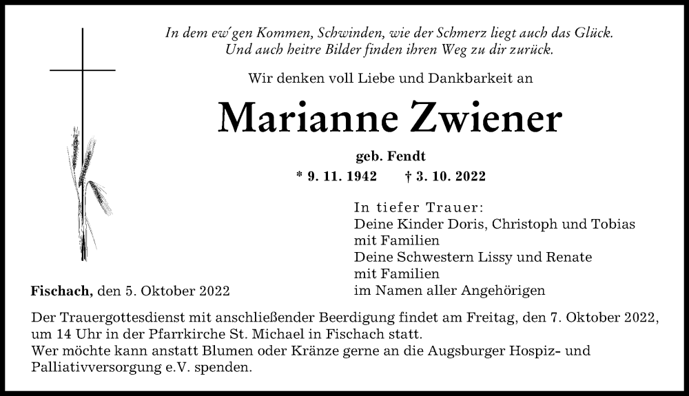  Traueranzeige für Marianne Zwiener vom 05.10.2022 aus Augsburger Allgemeine