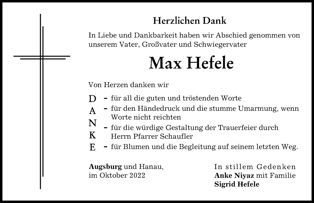 Traueranzeige von Max Hefele von Donau Zeitung