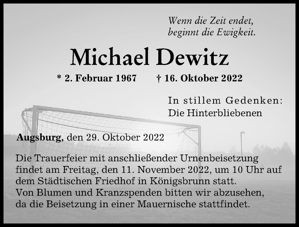  Traueranzeige für Michael Dewitz vom 29.10.2022 aus Augsburger Allgemeine