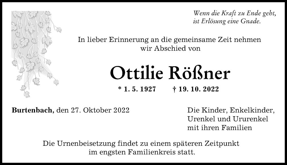 Traueranzeige von Ottilie Rößner von Günzburger Zeitung