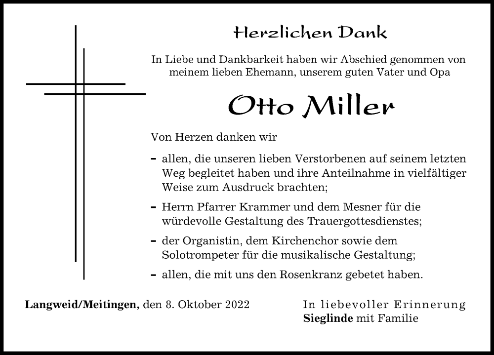  Traueranzeige für Otto Miller vom 08.10.2022 aus Wertinger Zeitung, Augsburg-Land