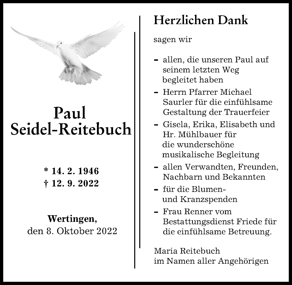 Traueranzeige von Paul Seidel-Reitebuch von Wertinger Zeitung, Augsburger Allgemeine