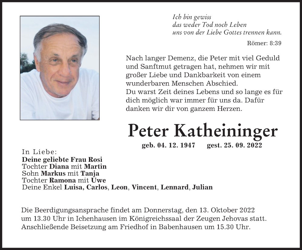 Traueranzeige von Peter Katheininger von Illertisser Zeitung, Mittelschwäbische Nachrichten