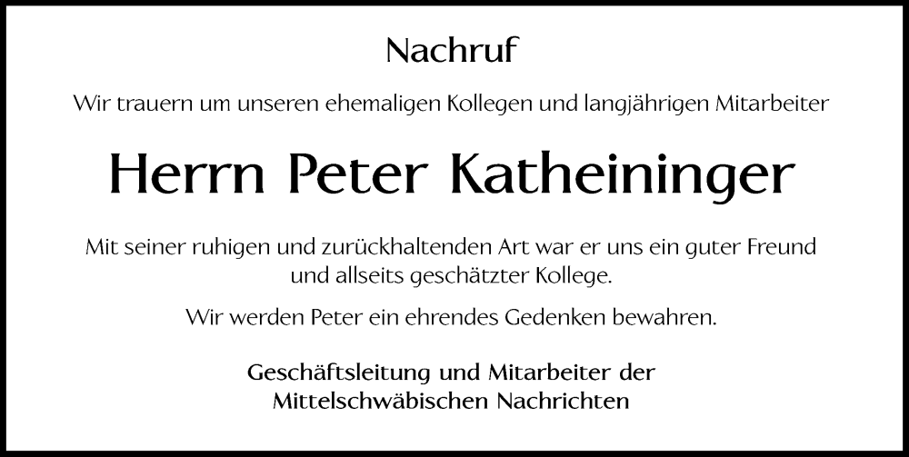 Traueranzeige von Peter Katheininger von Illertisser Zeitung, Mittelschwäbische Nachrichten