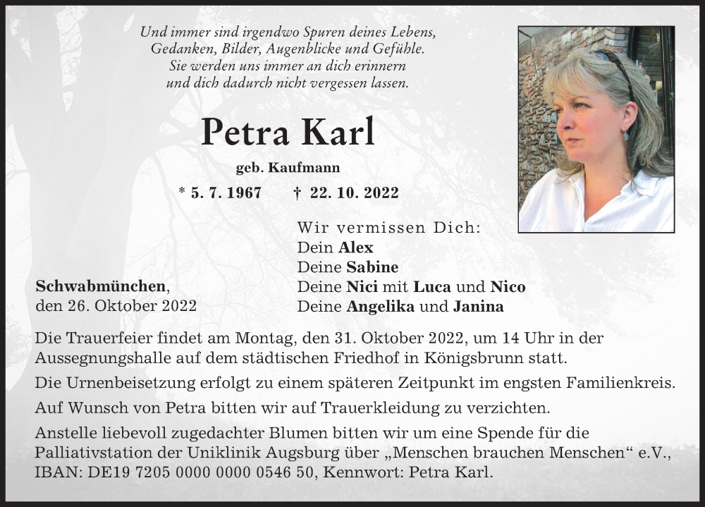 Traueranzeige von Petra Karl von Schwabmünchner Allgemeine