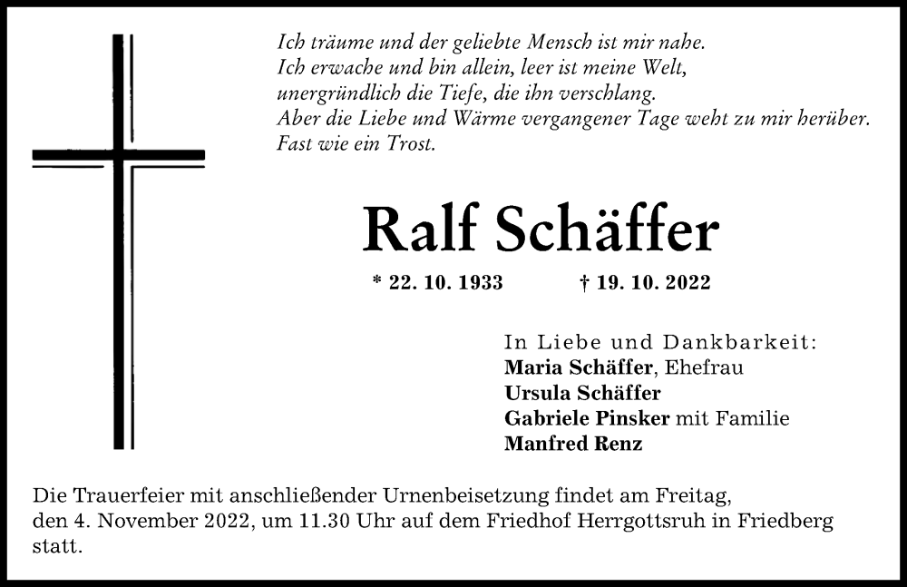 Traueranzeigen von Ralf Schäffer | Augsburger Allgemeine Zeitung