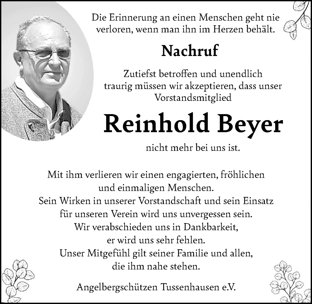 Traueranzeige von Reinhold Beyer von Mindelheimer Zeitung