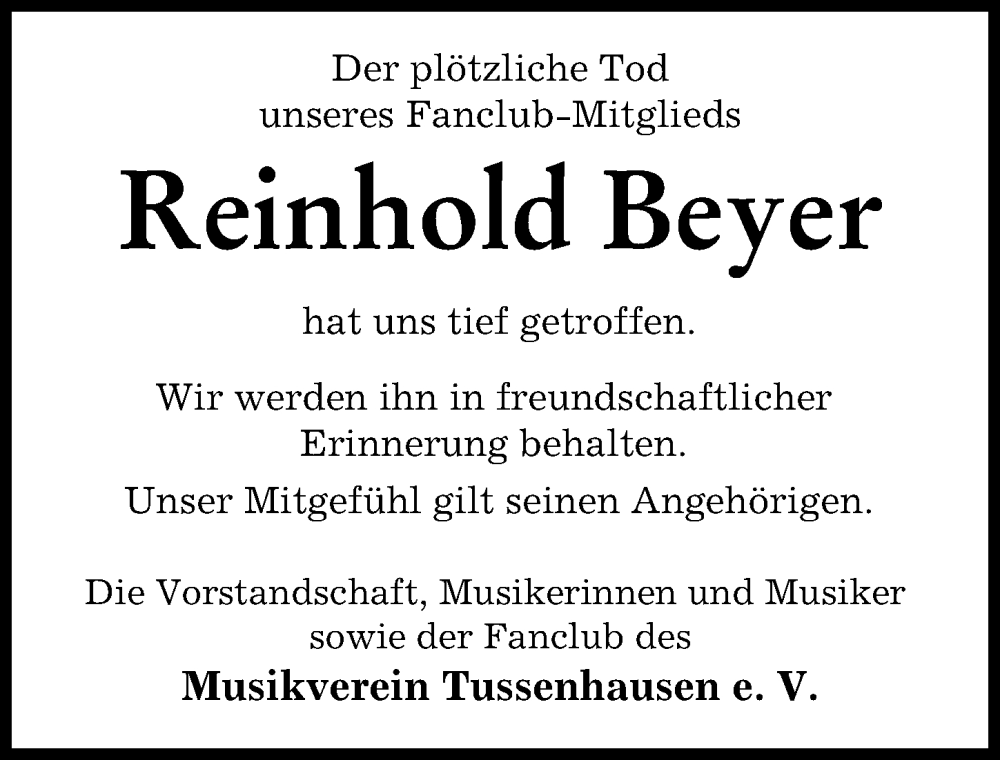 Traueranzeige von Reinhold Beyer von Mindelheimer Zeitung