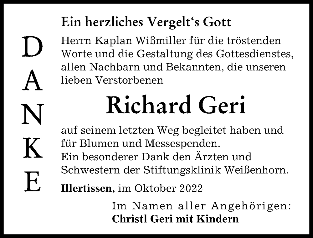  Traueranzeige für Richard Geri vom 25.10.2022 aus Illertisser Zeitung
