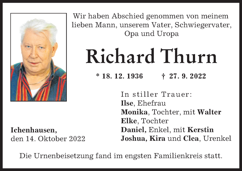 Traueranzeige von Richard Thurn von Günzburger Zeitung