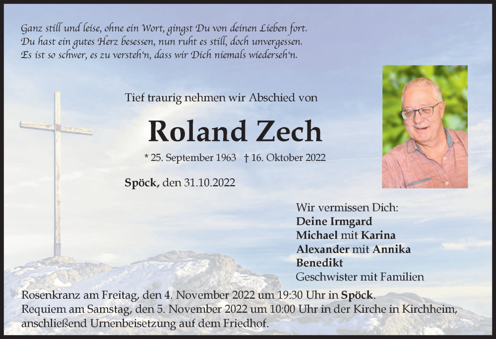  Traueranzeige für Roland Zech vom 31.10.2022 aus Mindelheimer Zeitung
