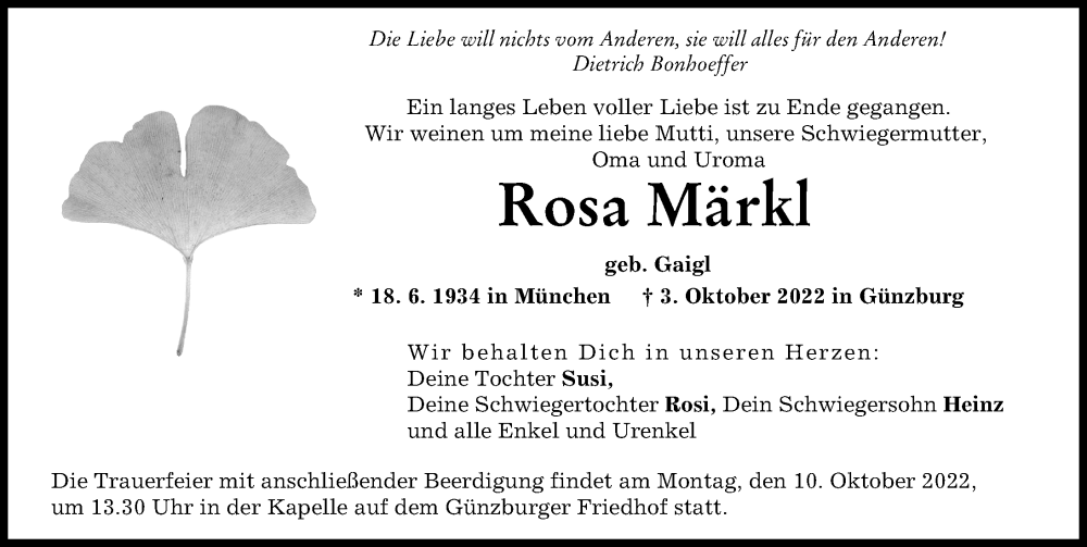 Traueranzeige von Rosa Märkl von Günzburger Zeitung