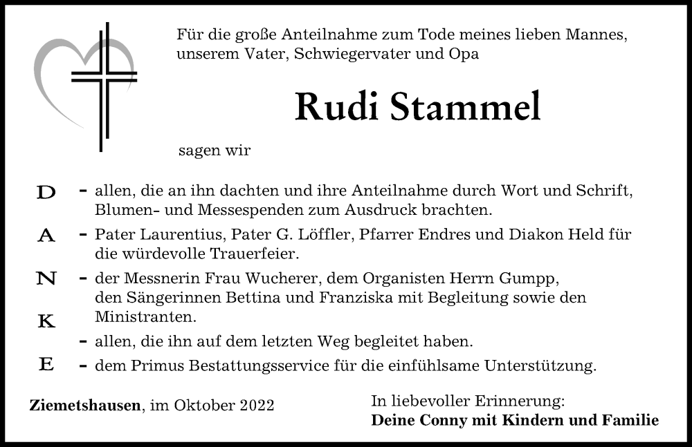  Traueranzeige für Rudi Stammel vom 01.10.2022 aus Mittelschwäbische Nachrichten