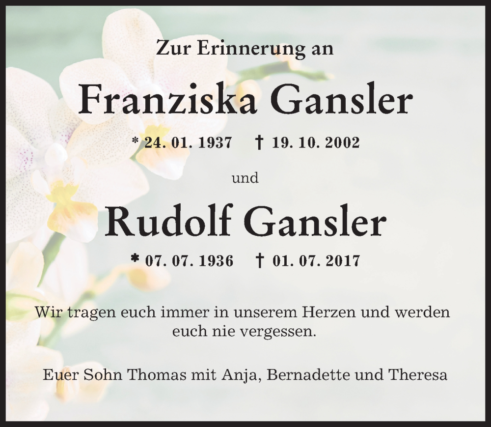 Traueranzeige von Rudolf Gansler von Augsburger Allgemeine