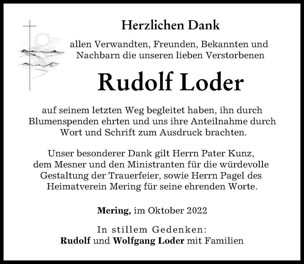  Traueranzeige für Rudolf Loder vom 15.10.2022 aus Friedberger Allgemeine